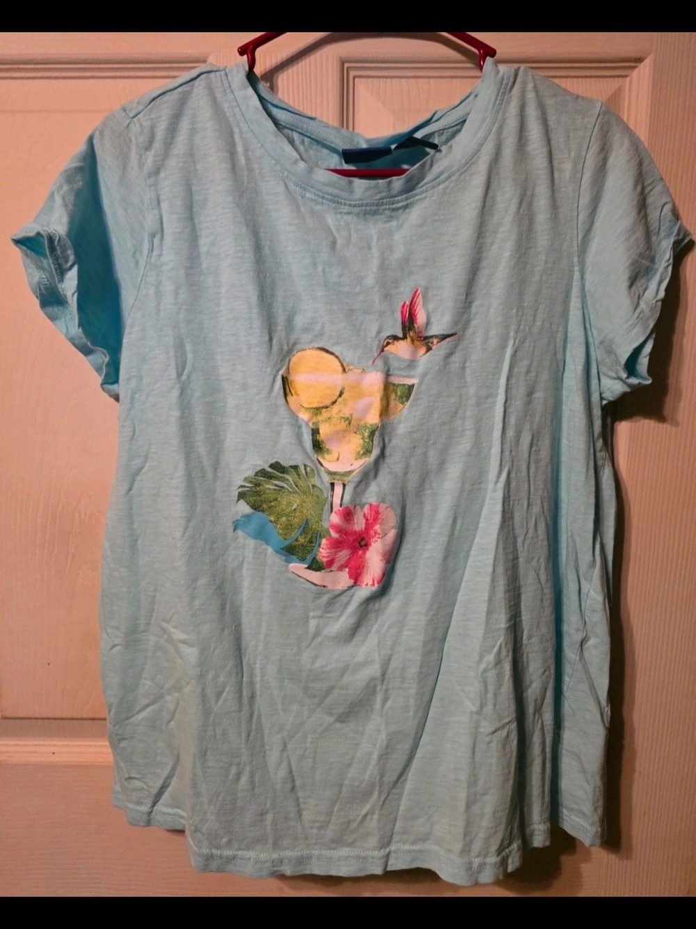 Caribbean Joe Light Blue Short Sleeve Tee with Tropical Cocktail Graphic